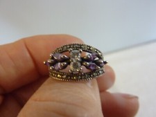 Gorgeous Vintage Sterling Silver Amethyst  Marcasite Ring Sz 6.75 Marked 925