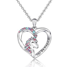 925 Sterling Silver Unicorn Heart Pendant 18" Necklace CZ Engraved Girl Women A6