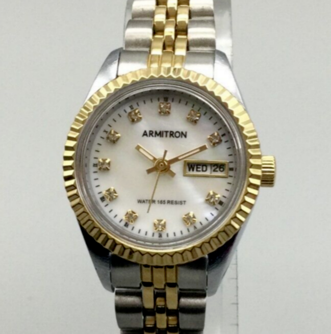 Armitron Watch Women 25mm Silver Gold Two Tone Day Date Mother of Pearl 7
