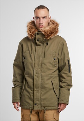 BRANDIT Men's Fishtail Hooded Faux Fur Olive Parka Jacket