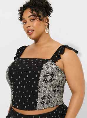 Torrid Challis bauchfreies Oberteil gesmokter Rüschenbesatz Übergröße 24/26 UK neu mit Etikett schwarz Geo