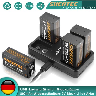 9V Block PP3 Li-ion Wiederaufladbare 9 Volt Akku Batterie / 4 Slot USB Ladegerät