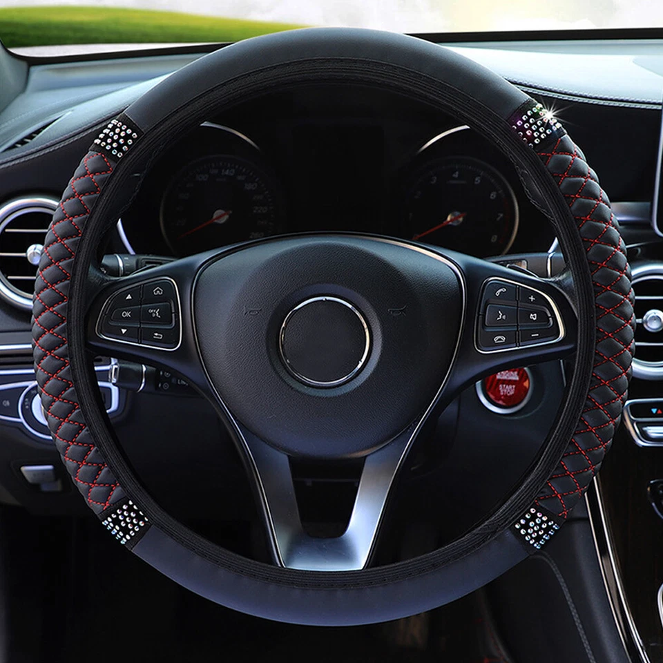 Car Diamond PU Leather Steering Wheel Cover Universal Accessories For 15''/38cm — 第 3/4 张图片