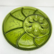 Vintage Indiana Green Glass Deviled Egg Relish Divided Serving Platter 12.75"