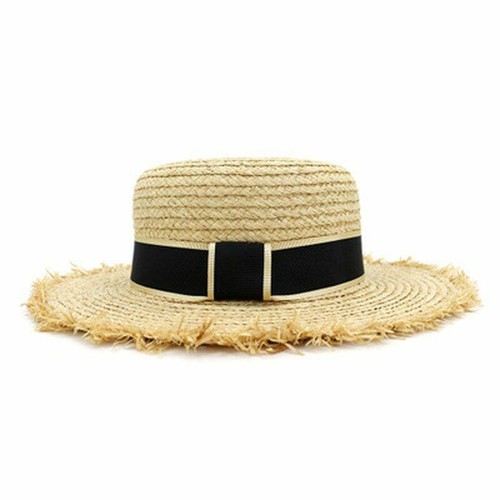 Women Natural Raffia Straw Hat Flat Top 