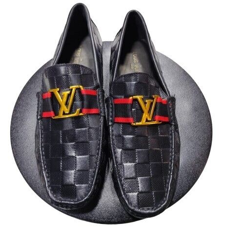 Louis Vuitton Hockenheim Driving Moccasin Loafers Black Leather Logo LV Size 45