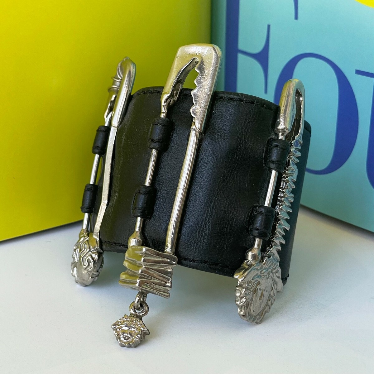 GIANNI VERSACE black leather cuff w/ Safety Pins from S/S 1994 | eBay