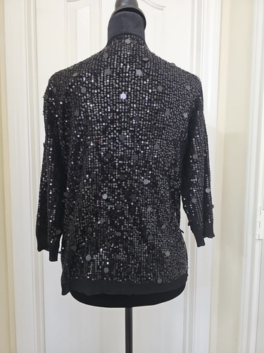 Chico's Cardigan Black Sequin Sweater 1 Button Closure Size 1/M Party Formal - Picture 4 of 7