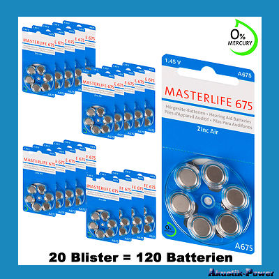 120 Stück Masterlife Hörgerätebatterie Typ 675, PR44, blau, A675, Mercury Free