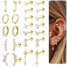 12Pairs Surgical Steel Earrings Flat Back Stud Hoop For Multiple Piercing Women