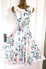 MONSOON Ivory Multi Floral Print Fit & Flare Pleat Dress Lace Trim Size UK 14