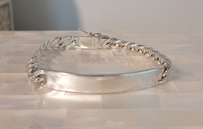 Unisex Polished 925 Silver Plate I.D. Link Bracelet w/Push Safety Clasp 8'' long