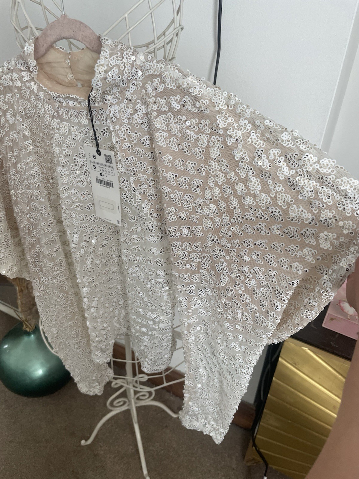 ZARA sequin blouse with puffed dramatic sleeves high neck semi sheer rare Trinny image 4