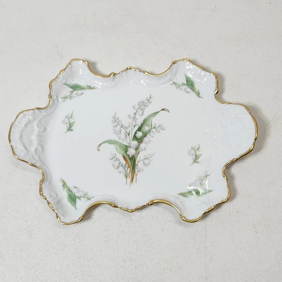 Antiguo plato de baratija Limoges Francia lirio del valle flor dorada Foto 2 de 4