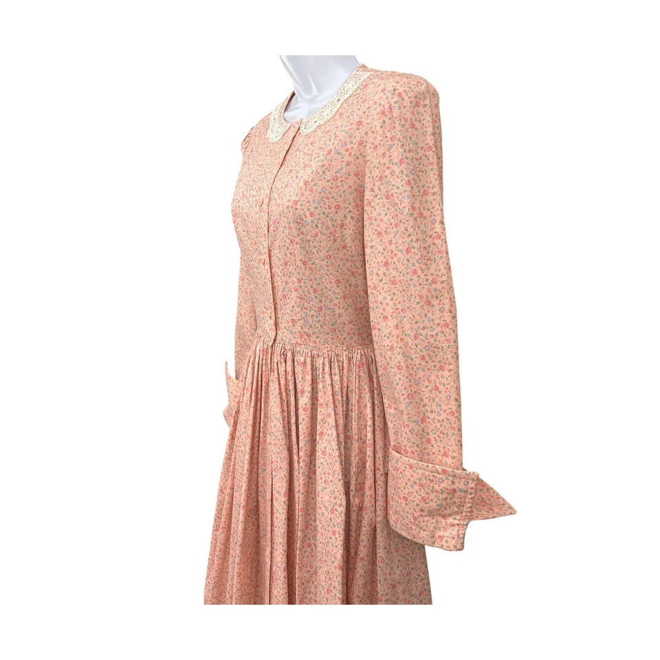 Maxi Vestido Pradera Años 80 Hecho a Mano Floral Calicó Encaje Cuello Cottagecore Vintage Foto 3 de 4