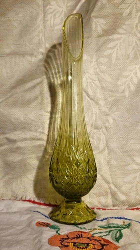 Vintage Fenton OVG Colonial Green Cut and Block Swung Glass Vase 22"