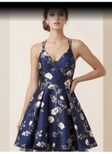 B. Darlin Fit and Flare V Neck Navy Blue Floral Dress w/ Tulle Skirt - Sz 9-10