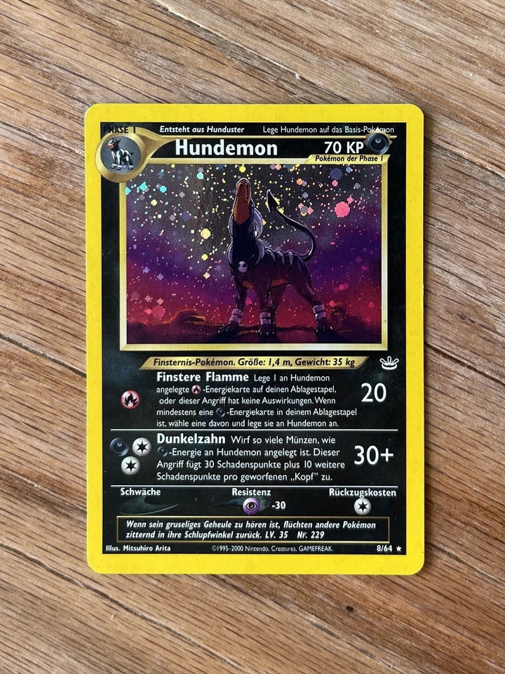 Houndoom Pokemon WOTC 2000 Neo Revelation German Hundemon 8 Double Holo Swirl LP - Image 2 of 4