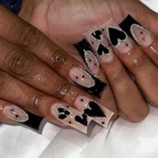 Black French tip Press on Nails Medium Square Fake Nails Heart Glue on Nails 