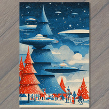 STICKER UFO Forest Robots Aliens Red Blue Night Sky Retro Sci Fi Holiday Style