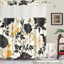 No Hooks Snap in Liner Black Rustic Floral Boho Shower Curtain Sets, Hotel Lu...