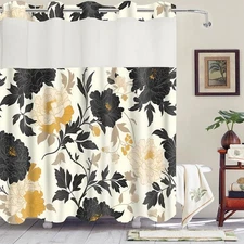 No Hooks Snap in Liner Black Rustic Floral Boho Shower Curtain Sets, Hotel Lu...