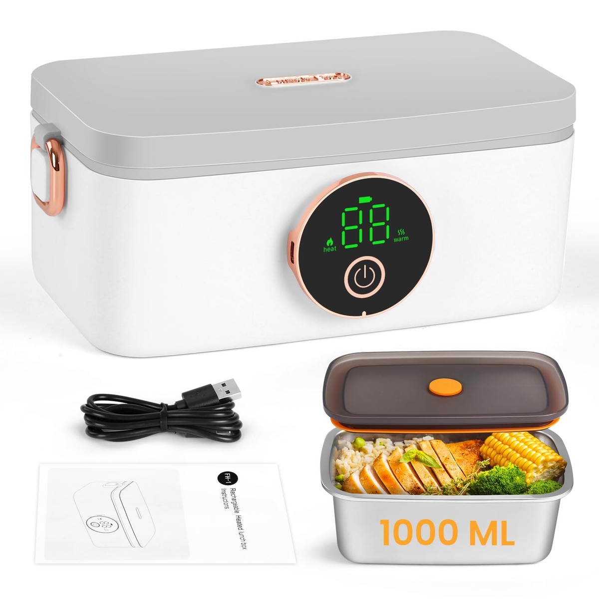 Cordless Electric Lunch Box, 1L Self heating lunch box Battery Powered with 