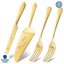 Gold Cake Knife and Server Set Wedding Cutting Stainless Steel Engraved Mr Mrs