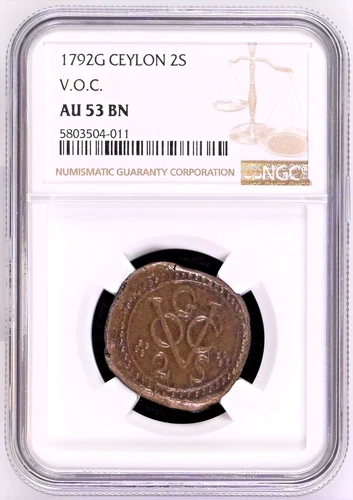 Ceylon Dutch East India Company 1792 V.O.C. 2 STUIVERS NGC AU53 BN Top Pop