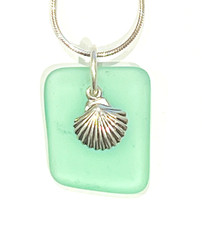 Sea Glass Inspired Green  Sterling Silver Scallop Shell Pendant  18" Necklace