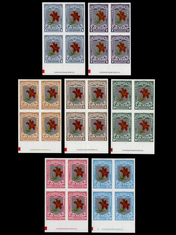 SL72-SL78 Saskatchewan Law BILESKI PRAIRIE LILY OVERPRINT Margin Block Set O-674