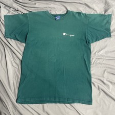 Vintage 80s Champion Logo Spell Out Teal T Shirt Sz Large Made In USA Cotton