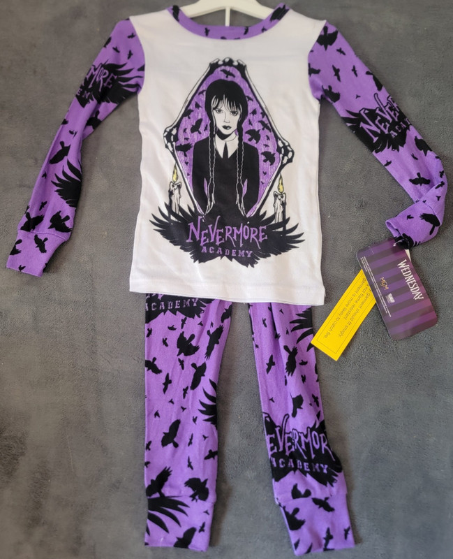 MGM Wednesday Addams Girls Pajama Set Size 4 Purple Black Long Sleeve