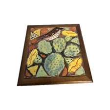 Vintage Ceramic Mosaic Tile Top Wooden Jewelry Trinket Box Birds Cactus READ