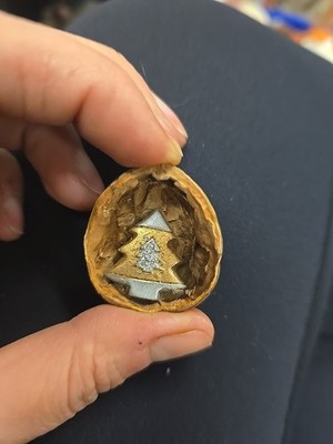 Painted Golden Christmas Halfshell Walnut Shell. Xmas Tree Metallic