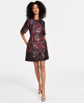 Vince Camuto Floral Jacquard Short-Sleeve Dress Women's 12 Red Multi Back Zip