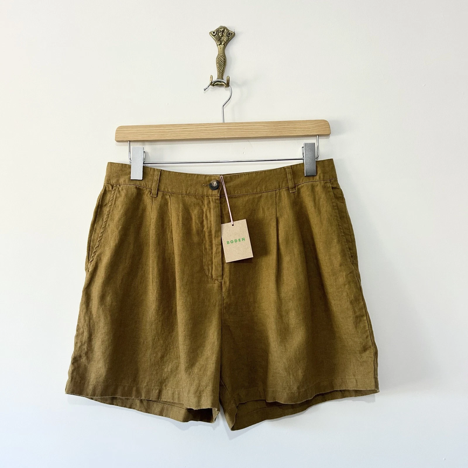 Boden 100% Linen High Rise Pleated Shorts UK 12 Reg Brown Beach Holiday Minimal