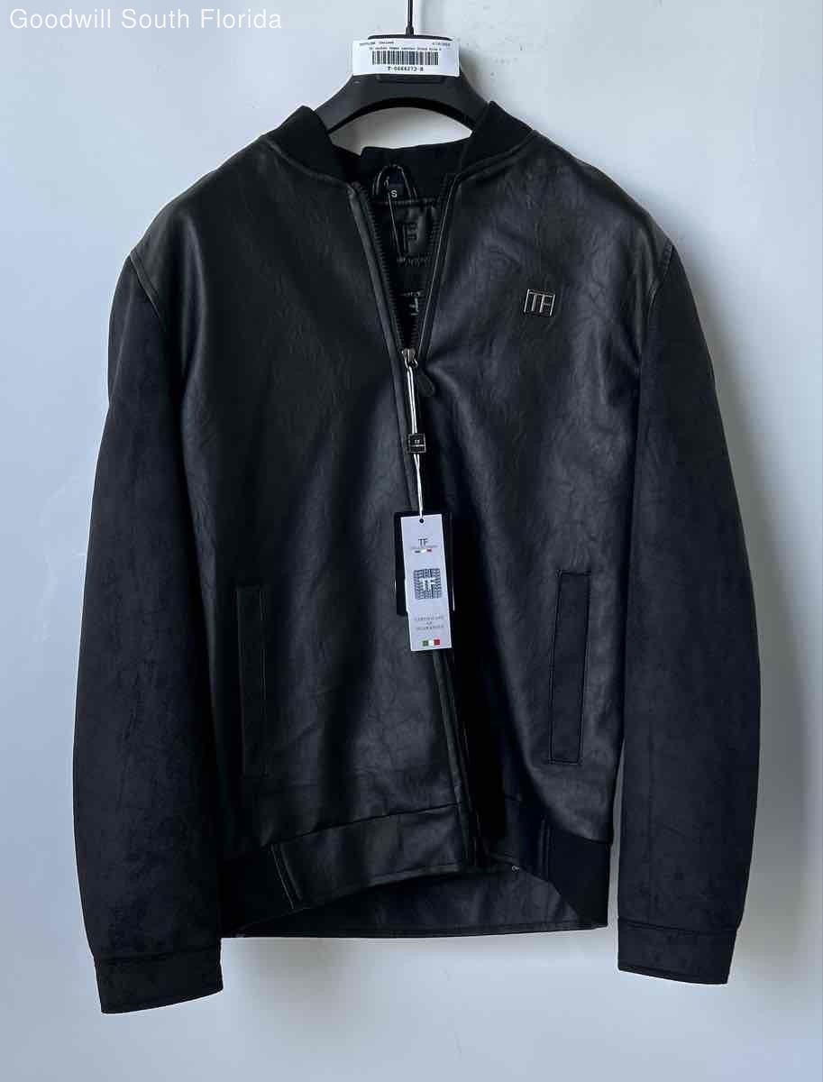 TF Collections Mens Black Vegan Leather Full-Zip Bomber Jacket Size Small W/Tags