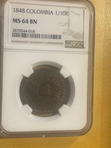 COLOMBIA 1/10 DECIMO DE REAL 1848 NGC MS 64 BROWN KM 102 RARE