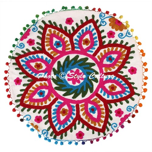 Seat Pillow Round Embroidered Suzani Floor Cushion Cover Indian Cotton 18" - Picture 4 of 5