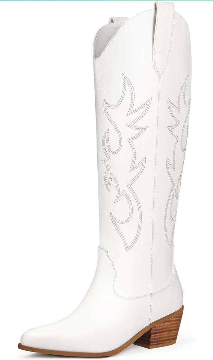 Embroidered Cowgirl Western Boots Knee High Wide Calf Chunky Heel  White
