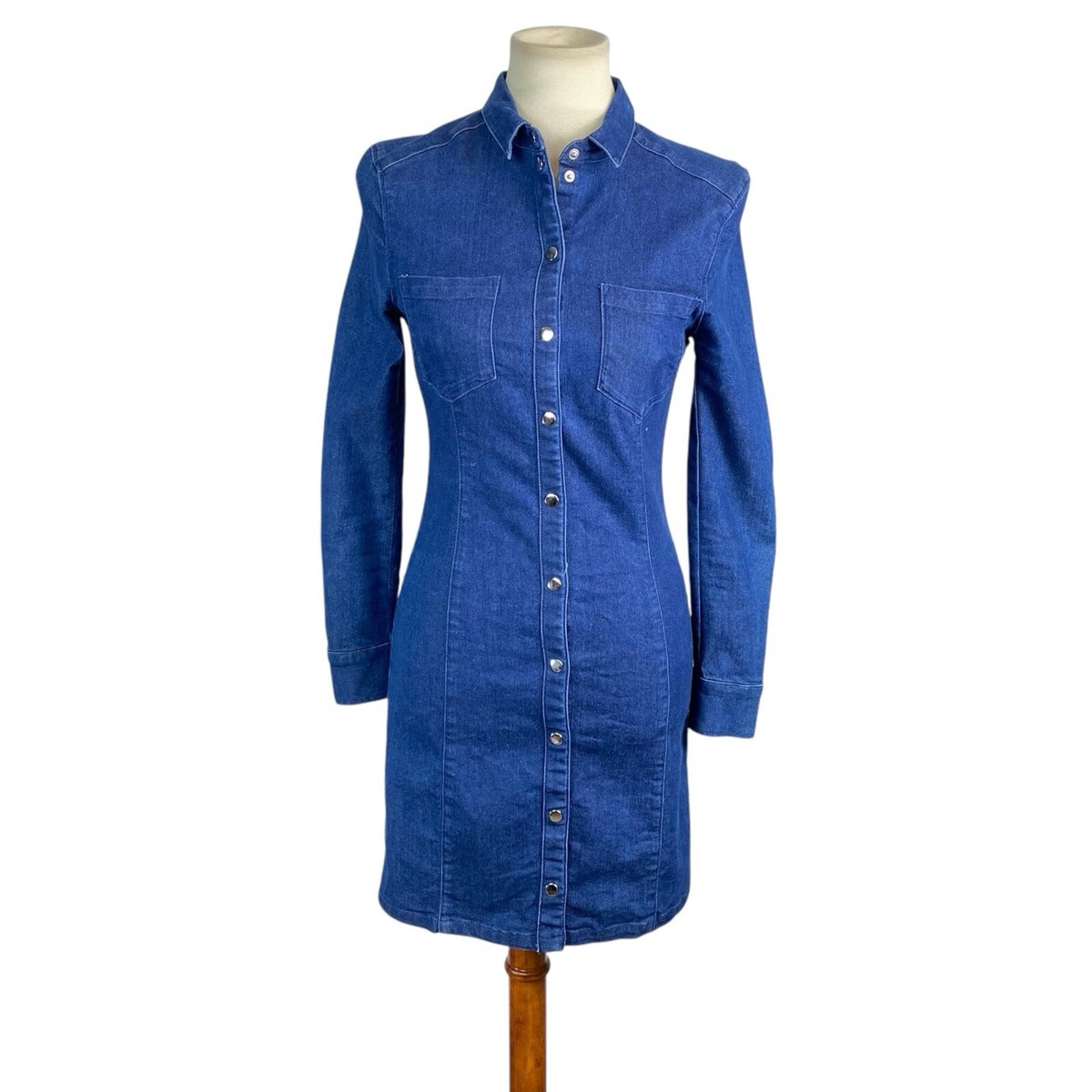 Divided Womans Denim Jean Button Down Dress Sizs 6 Long Sleeve Stretch  Collar