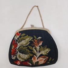 Vintage Floral Tapestry Purse Bag Gold Chain Strap  Satin Interior 1950s D-25