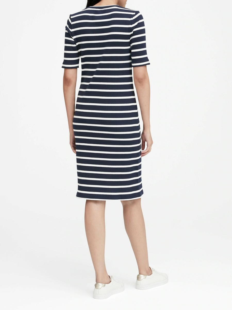 Banana Republic Stripe Ribbed T-Shirt Dress,Navy Blue Combo