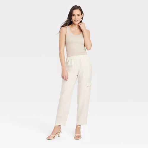 Women's High-Rise Pull On Ankle Cargo Pants - A New Day Cream Size Large - Picture 4 of 12