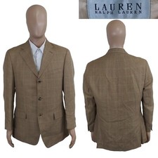 Ralph Lauren Three Button Beige Houndstooth Green Check Wool Linen Sport Coat 40