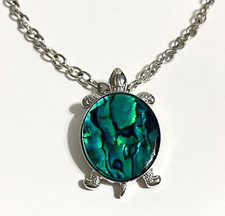 Abalone Turtle Pendant Necklace Silver Tone Chain Mother of Pearl Shell Jewelry