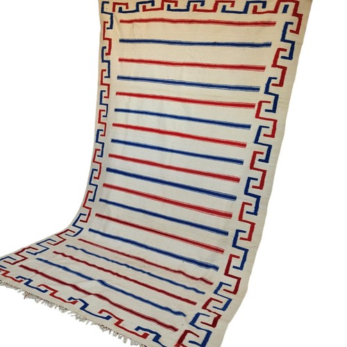 Handmade Vintage Moroccan Kilim Rug Blue Red Stripes Berber Tribal Wool Carpet - Picture 3 of 24