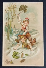 Kids Playing Horse Best Wishes Postcard c1910s Embossed Clovers Coins Germany