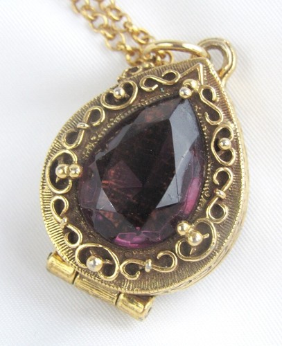 Vintage Goldette Teardrop Amethyst Hinged Compartment Locket Pendant Necklace - Picture 5 of 9